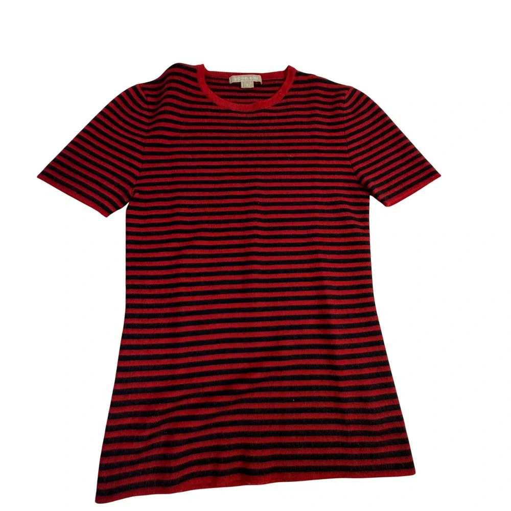 Michael Kors Cashmere Sweater Size S Crimson Black Stripe Short Sleeve